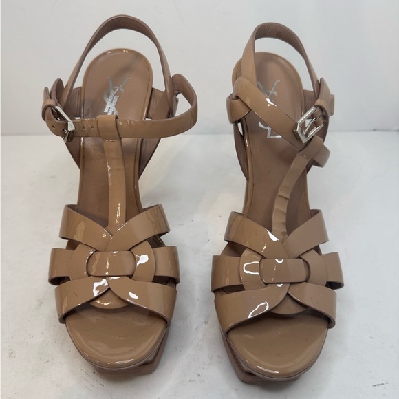 SAINT LAURENT TRIBUTE PARIS Patent Leather Sandals Sz 37.5/7.5 - Picture 1 of 7
